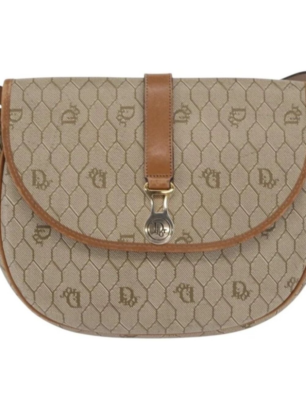 Christian Dior Honeycomb Canvas Shoulder Bag PVC Beige Gold Auth